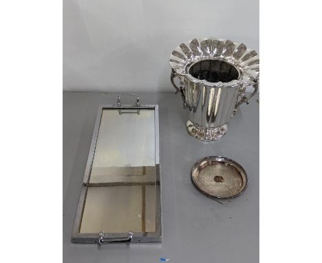 A silver plated twin handled ice bucket together with a tray and coasterLocation: 