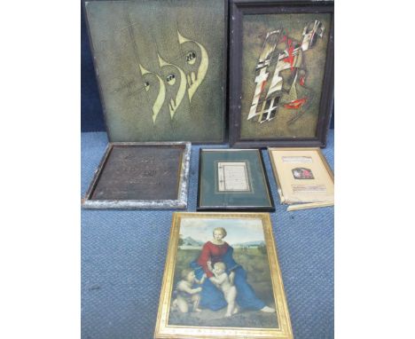 Two framed contemporary abstracts, a folding mirror A/F, two Indian scriptures A/F and a gilt framed print of a lady and two 