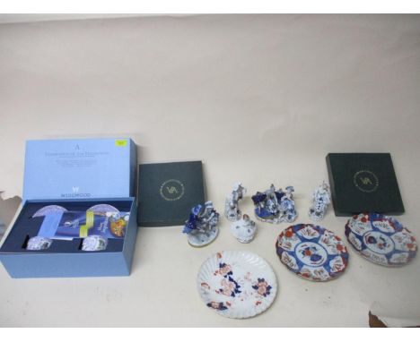 A group of Sitzendorf, and Oldest Volkstadt figures, and other ceramics to include Japanese Imari plates, a boxed Wedgwood Mi