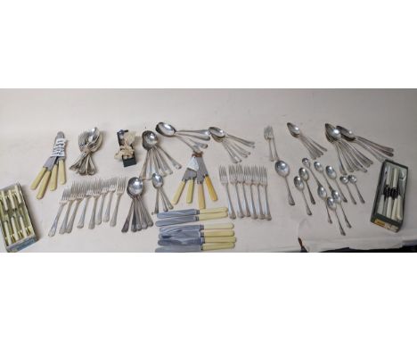 A selection of silver plated rat tailed cutlery with associated knives, some in boxes Location:G 