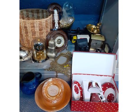 A vintage lot to include black wrought iron kitchen scales, a basket, a bedside clock, an Iveco diecast truck, a barometer, a