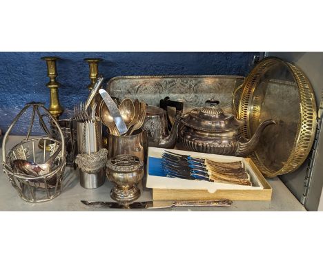 Mixed metalware to include brass candle sticks, trays, silver plated tankard, flatware, a silver handled knife, teapot and ot