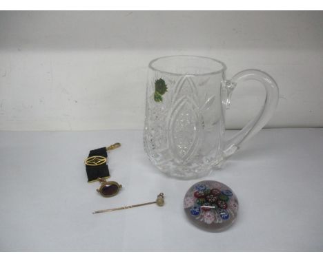 Waterford glass together with a stick pin, a Millefiori paper weight together with a Victorian gilt metal fobLocation: 