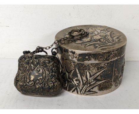 A Victorian silver miniature purse, together with a white metal embossed pot Location: 