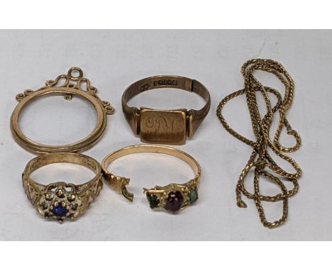 Two 9ct gold rings A/F together with a yellow metal ring A/F and others, total weight 13gLocation: 
