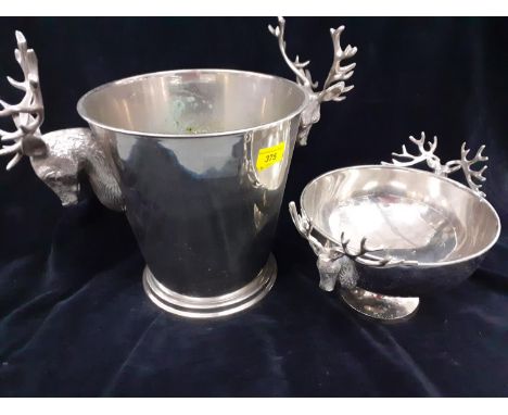 A silver plated wine and ice bucket/pedestal serving dish, both having twin handles in the form of deer heads with antlers, L