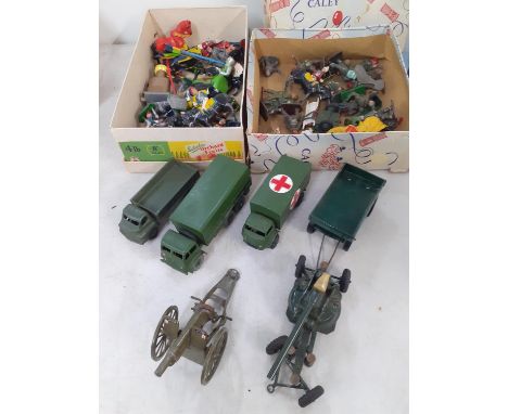 A quantity of painted British lead soldiers and others, together with a group of diecast Dinky army vehicles and a vintage bo