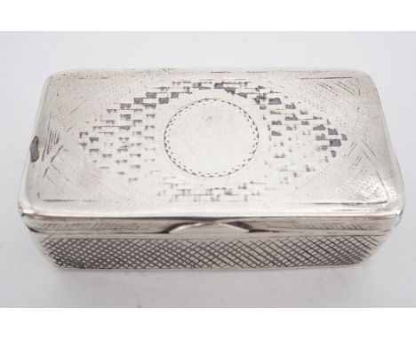 An early 19th Century white metal and niello snuff box, decorated overall in lattice and cross-hatched patterns, the lid cent
