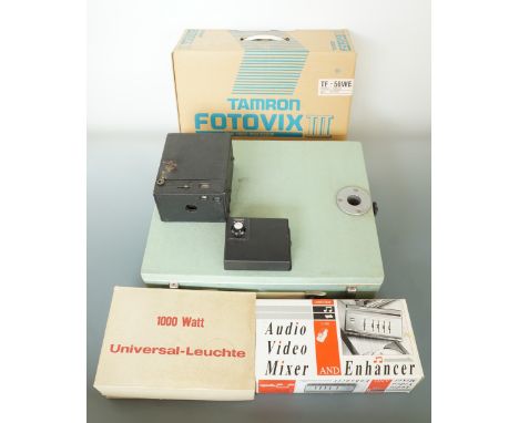 Sundry items of film and photographic equipment including a box camera, 1960s Soviet portable enlarger, Tamron Fotovix III fi