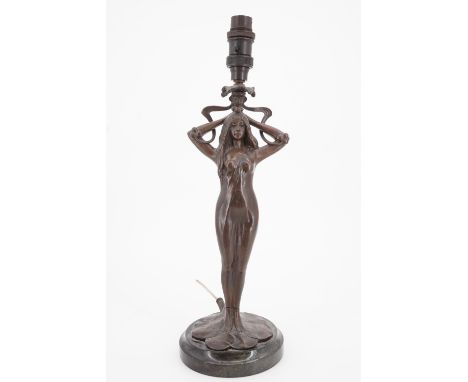 An Art Nouveau style bronzed spelter figural table lamp, (a/f), 42 cm to top of socket