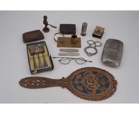 Sundry collectors' items including a 1916 Lord Kitchener celluloid matchbox holder, a pewter hip flask, Victorian spectacles,