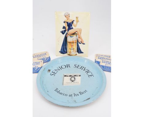 Breweriana comprising a Tennent's lager celluloid advertising print, Carlisle Brewery beer mats and a Senior Service printed 