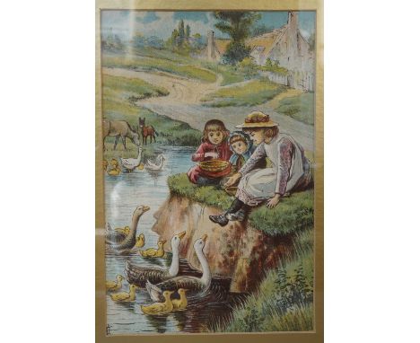 A late 19th Century lithograph depicting three young children feeding geese from a river bank, in gilt mount and slender moul