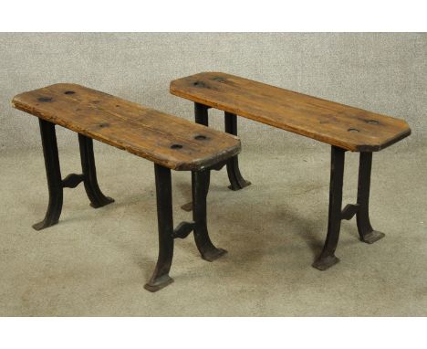 Benches, pair, vintage oak and cast iron. H.45 W.92cm. (each) 