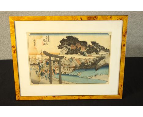Hiroshige. Hand coloured woodblock print.  Showing some signs of damp staining running along the left corner. Signed in the p