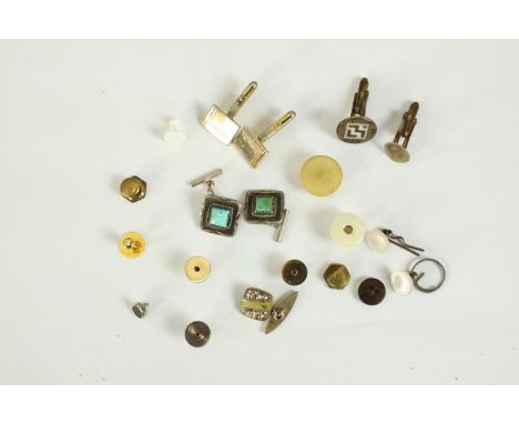 A collection of vintage cufflinks and studs, including a pair of silver and turquoise cufflinks and a pair of Christian Dior 