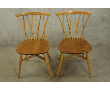 Dining chairs, a pair, Ercol Chiltern Candlesticks in beech and elm with original squab cushions. 