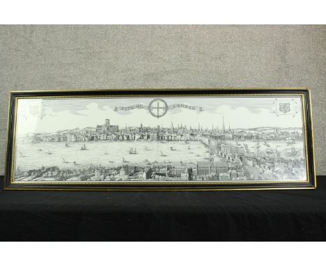Panoramic print of the city of London in the 1700s. On the back is key to the city buildings. Framed and glazed. H.35 x W.104