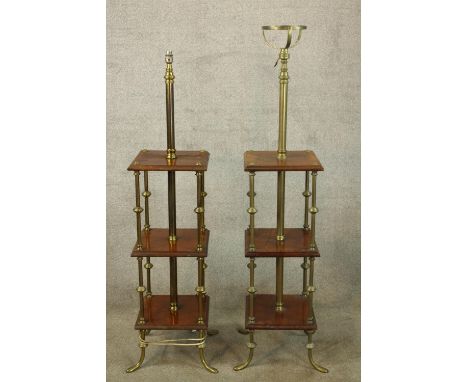 A pair of early 20th century brass and mahogany lamp standards, one converted for electricity. H.143cm. (Largest) 