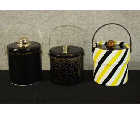 Three vintage ice buckets. Ring for a drink. Probably 1980s. H. 34 cm (largest). 