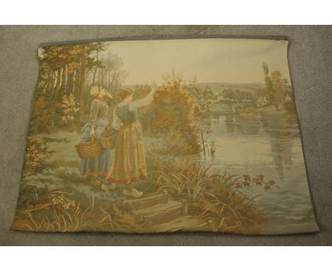 Tapestry. Wall hanging with a broken rail (easily replaced). Two women are calling across a river.  H.108 x W.40 cm. 