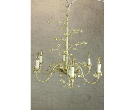 A pair of vintage six branch painted chandeliers with scrolling naturalistic arms. H.70 Dia.70cm. 