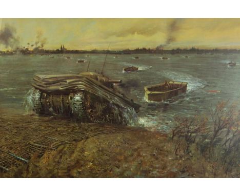 Terence Cuneo (British) Operation Plunder. Print. A scene from the allied crossing the Rhine in March 1945. Signed by Field M