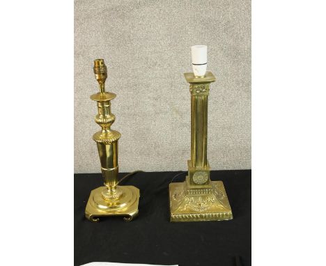 A vintage Corinthian column style brass table lamp base along with another brass table lamp base. H.36cm. 