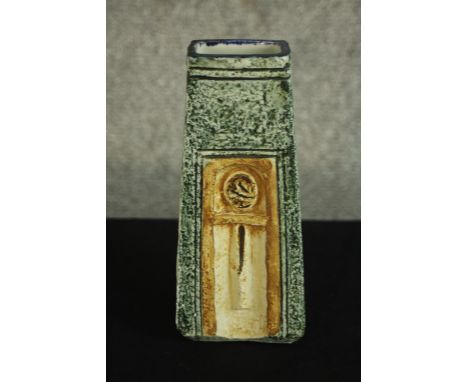 Simone Kilburn, an Aztec design Troika blue glaze coffin vase. Signed to base and monogrammed SK. H.17cm. 