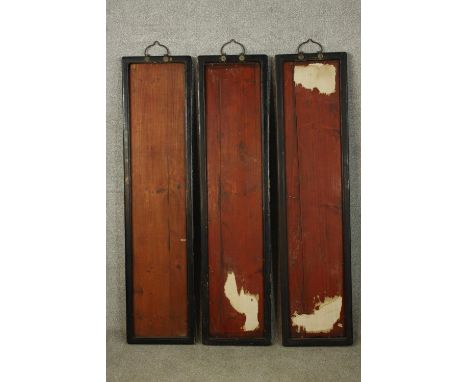 Picture frames, a set of three vintage Chinese in ebonised frames. H.134 W.32cm. (each) 
