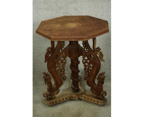 Occasional table, vintage carved Burmese teak. H.74 Dia.65cm. 