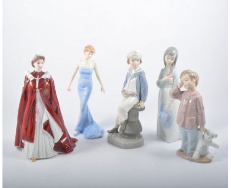 Fourteen Royal Doulton, Coalport, Lladro and Nao figures, including Royal Worcester celebration of the Queen's 80th birthday,