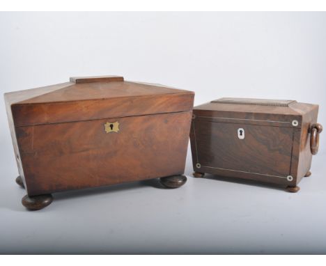 Victorian rosewood sarcophagus shape tea caddy; 21cm, a mahogany tea caddy; Victorian writing box; small table top chest and 