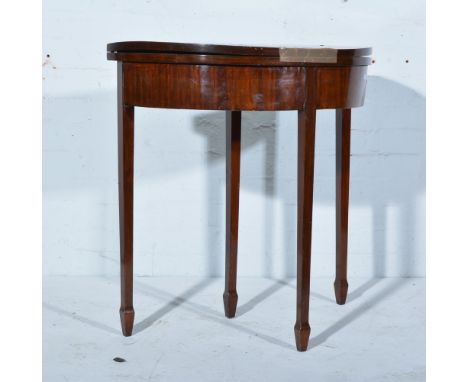 George III style mahogany demi lune card table, fold-over top enclosing baize lined interior, square tapering legs, substanti