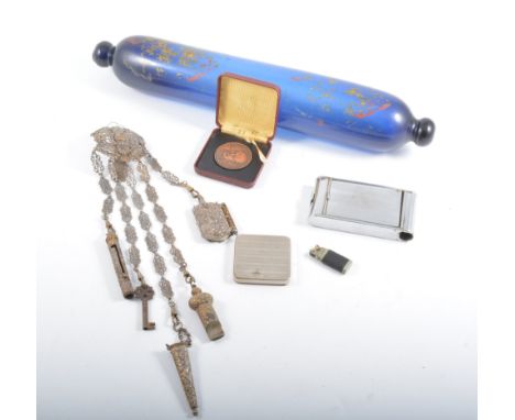 Set of six silver teaspoons; and a small collection of plated cutlery, pair of brass pheasants, glass rolling pin, continenta