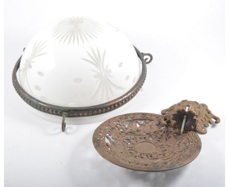 French white-overlaid glass ceiling light, with metal suspension mount, 30.5cm diam; a ceiling rose and another cast metal mo