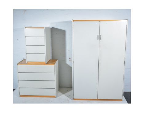 Light oak effect painted bedroom suite, comprising double wardrobe, width 100cm, depth 54cm, height 159cm; four drawer chest;