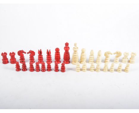 Small Lund pattern chess set, boxed, circa.1830, height of King 6.6cm.SALEROOM NOTICE: Lund pattern set, there are no stamps 
