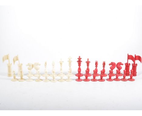 Merrifield Calvert ivory chess set, height of King 7.6cm.