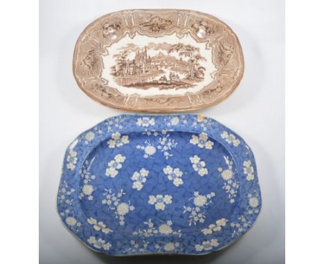 Spode Transfer Ware meat plate, marble design, width 43cm; and three other Transfer Ware meat plates. (4)