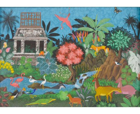  Rafael Vallejo Muniz, Mayan pyramid in a jungle, oil on canvas dated 1991, 29 x 38cm 