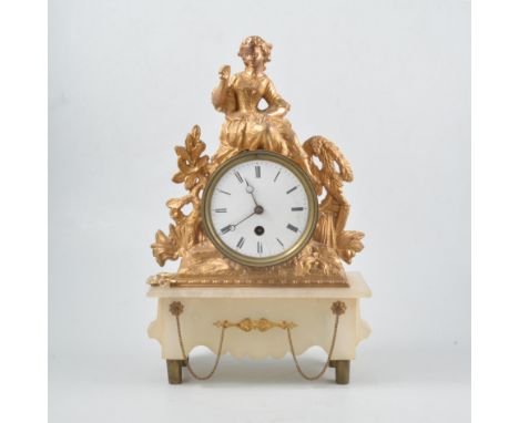 French gilt metal and alabaster mantel clock, white enamel dial, the drum modelled with a young lady gardener, 36cm.