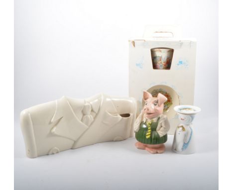 Royal Doulton The Snow Man egg cup, Bunnykins childrens set, ceramic head of a cat, black cat teapot etc.