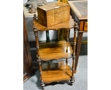 A rosewood three tier whatnot, turned supports, 38cm wide x 78cm high and a walnut parquetry inlaid twin compartment tea cadd