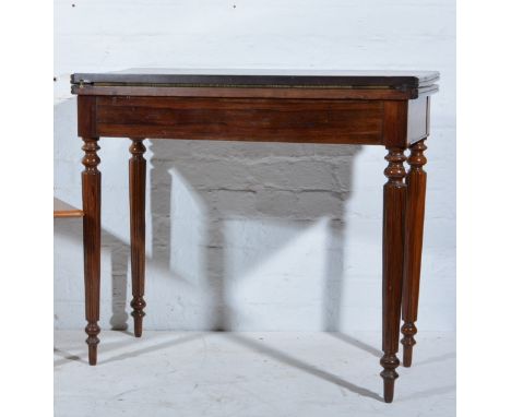 Regency style rosewood card table, rectangular foldover top, plain frieze, turned and fluted legs, width 83cm, depth 42cm, he