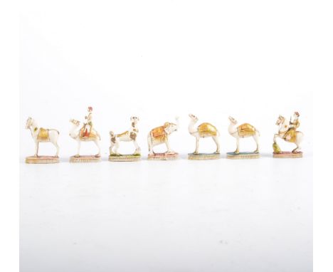Ivory and polychrome Bengali chess pieces. (7)