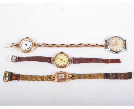 Four wrist watches, a Rotary steel watch (no strap), three gold cased wrist watches. (4)