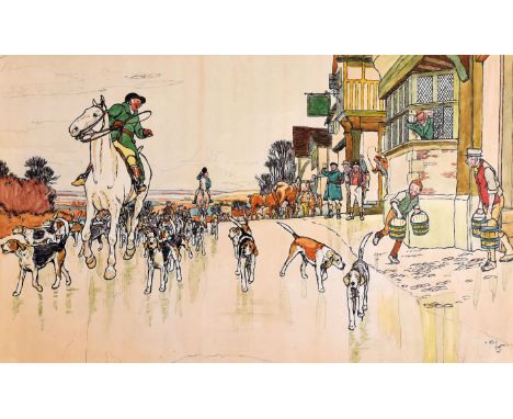 CECIL ALDIN coloured print - hunting scene entitled 'The End of the Day', 36 x 59cms together with a print of two dogs on an 
