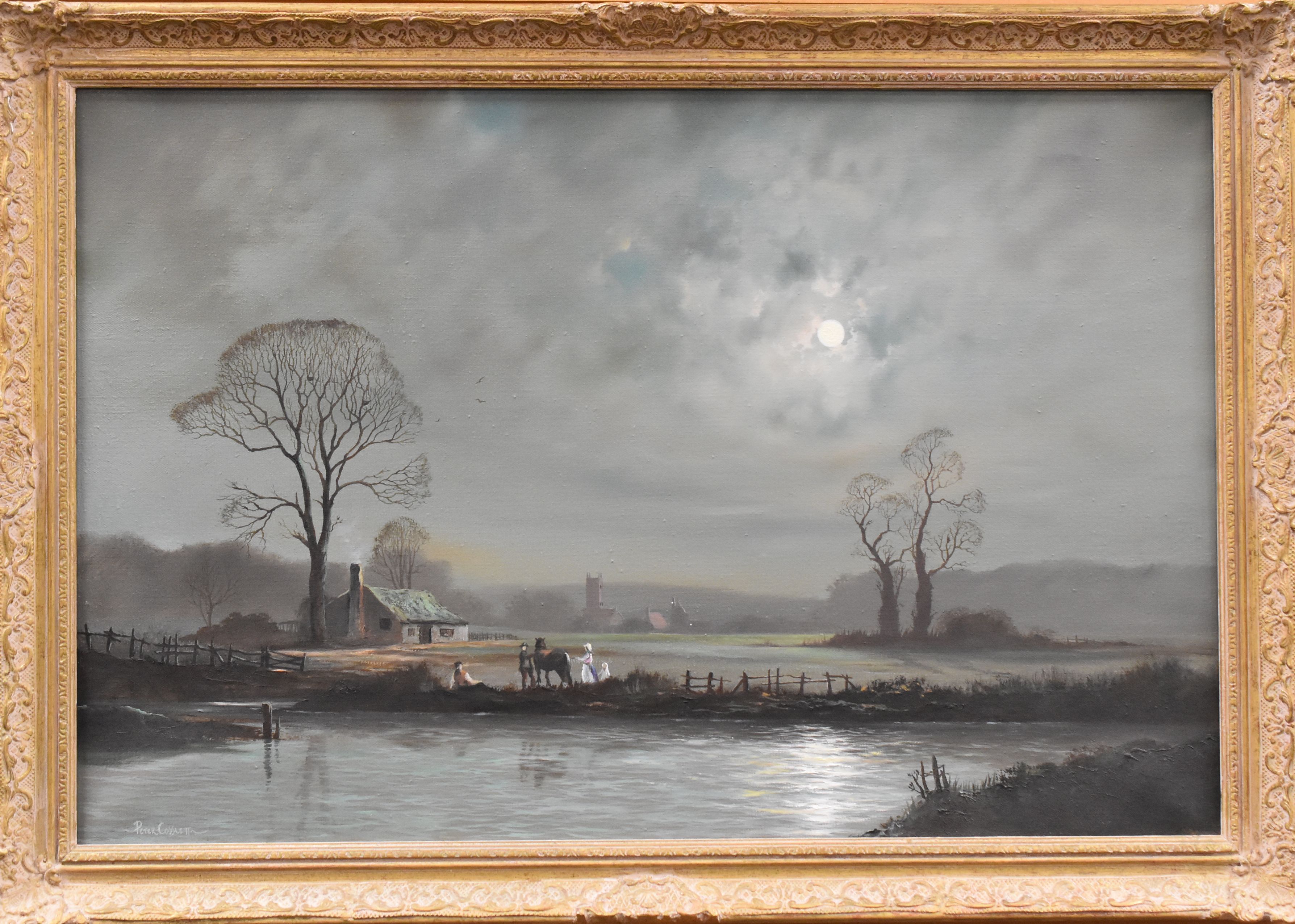 PETER COSSLETT oil on canvas winter moonlit view of figures with