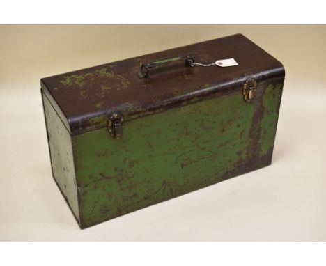 A GOOD VINTAGE PAINTED METAL TOOL-BOX partially covered in remnants of green paint, original clasps and handle, 58cms wide